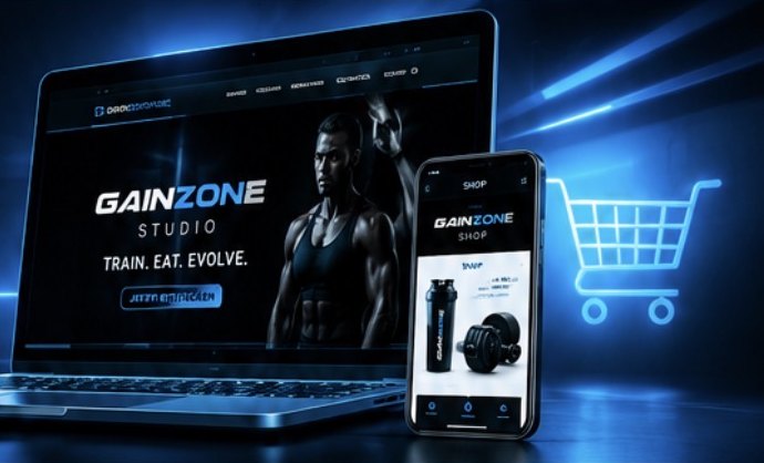 Gainzone Studio auf dem Laptop, Gainzone Shop auf dem Smartphone